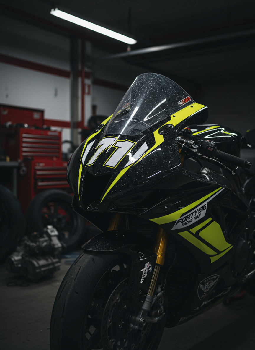 A dramatic close-up of a superbike’s front section, showcasing the aggressive aerodynamic fairing in glossy black and neon yellow, with the number 71 and Forty Six Racing Team emblem sharply visible. Water droplets and fine rubber dust cling to the fairing and windscreen, hinting at a recent high-speed session. The bike is parked in a dimly lit garage bay, surrounded by tool chests and spare racing wheels, all softly blurred. Overhead fluorescent lights create strong reflections on the paint and a stark contrast between lit surfaces and deep shadows. Photographic realism with a tight, off-center composition and shallow depth of field conveys a bold, gritty, high-performance atmosphere focused on precision and raw racing power.