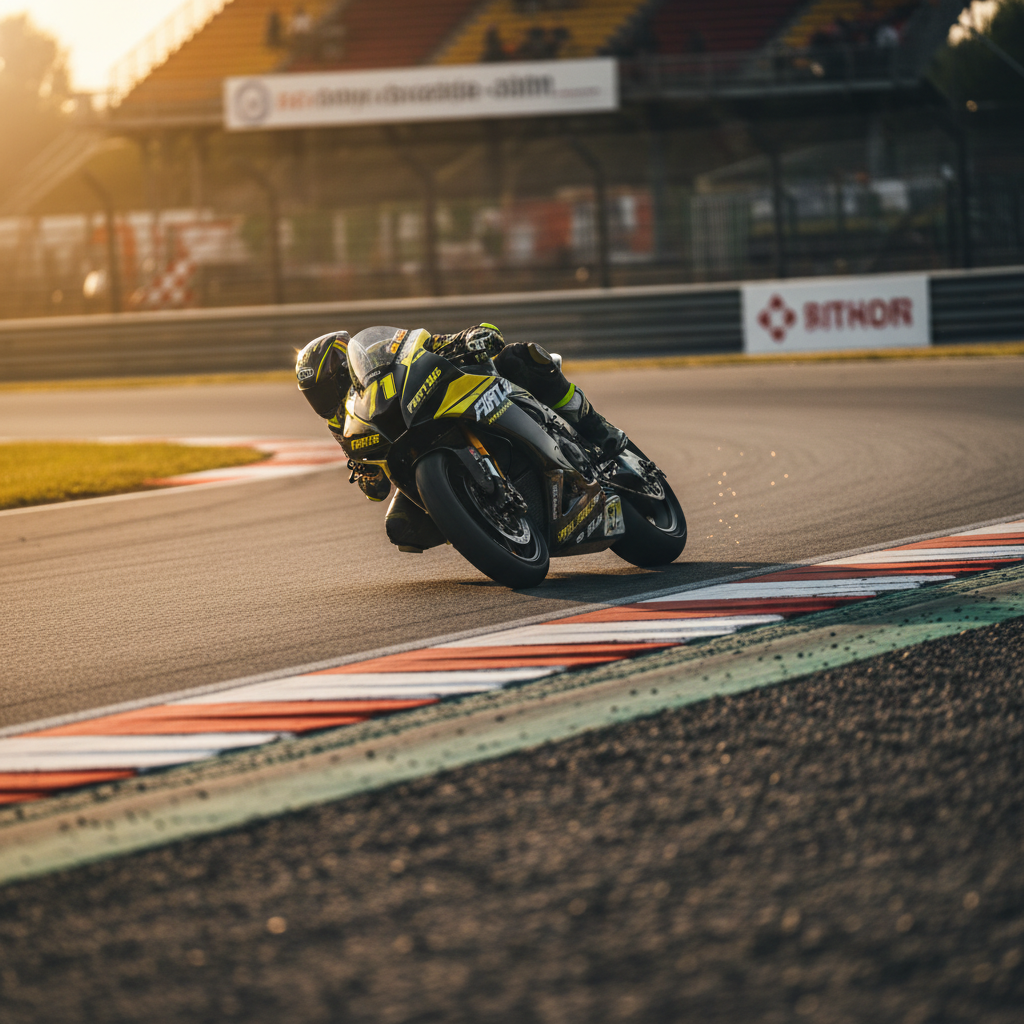 A dynamic trackside scene featuring a single motorcycle leaning aggressively into a fast right-hand corner, its matte black and vivid yellow Forty Six Racing Team colors and number 71 streaking across the asphalt. The camera is placed very low, almost at ground level, emphasizing the extreme lean angle and the texture of the racing line, with small rubber marbles scattered near the curbs. Golden hour sunlight rakes across the track, creating long shadows and a warm glow on the bike’s bodywork and metal components. The background grandstands and safety fencing are motion-blurred, enhancing the sense of speed. Photographic realism with a wide cinematic aspect ratio and strong diagonal composition evokes a bold, adrenaline-charged racing atmosphere.