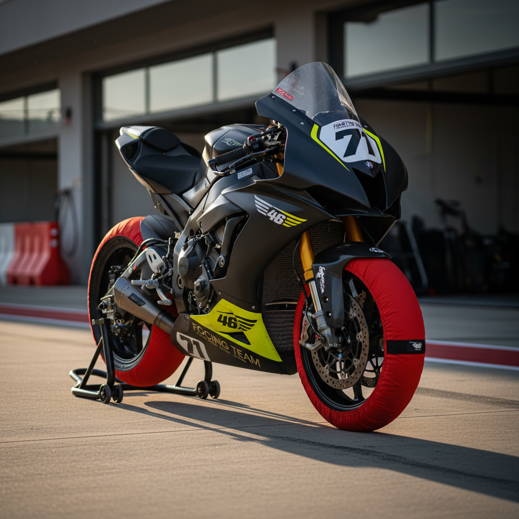A sleek race-ready superbike in matte black and electric yellow livery, prominently displaying the bold number 71 and the Forty Six Racing Team logo on its fairings. The bike is positioned on a spotless pit-lane surface at a modern racetrack, tire warmers snugly wrapped around the slick tires, paddock stand lifting the rear wheel. Late afternoon sunlight cuts across the scene, casting crisp shadows and creating metallic highlights on the exposed carbon fiber and brushed aluminum components. The background shows blurred pit boxes and safety barriers, slightly out of focus. Captured in photographic realism from a low three-quarter front angle, with a shallow depth of field, the mood is bold, intense, and professional, emphasizing speed, engineering precision, and competitive spirit.