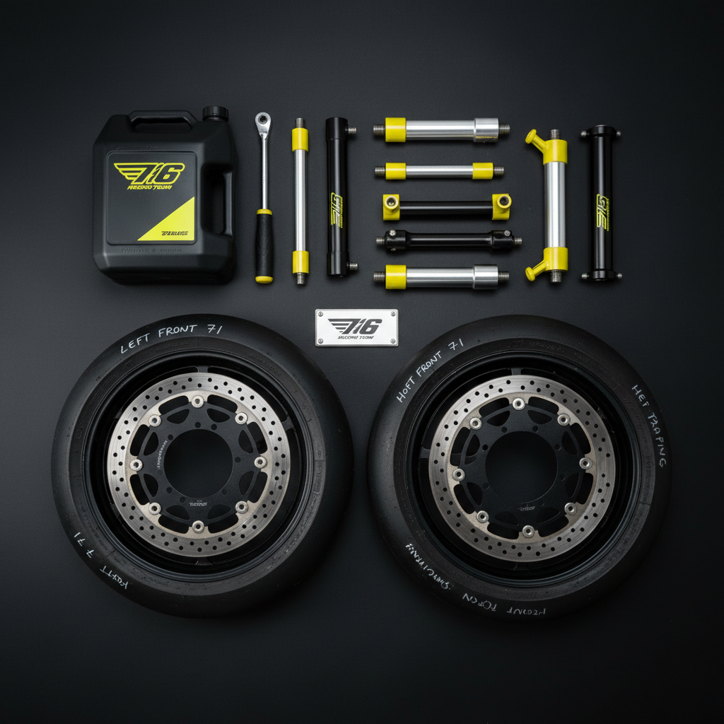 A set of meticulously arranged Forty Six Racing Team accessories laid out on a matte black work surface: a branded black and neon yellow fuel jug, torque wrench, anodized aluminum paddock stand components, race-spec brake discs, and a set of slick tires marked with chalk notes. A small plaque with the number 71 and team logo rests near the center, tying the elements together. Overhead soft studio lighting creates even illumination with subtle reflections on anodized surfaces and gentle shadows defining each object. Photographic realism with a top-down, flat-lay composition and sharp focus across the frame gives a bold, modern, catalog-style look that feels premium, precise, and purpose-built for high-performance motorcycle racing.