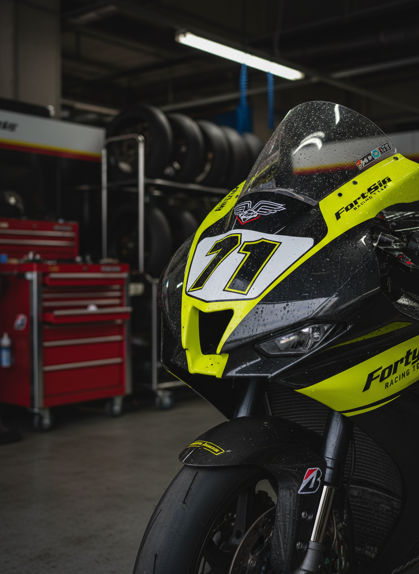 A dramatic close-up of a superbike’s front section, showcasing the aggressive aerodynamic fairing in glossy black and neon yellow, with the number 71 and Forty Six Racing Team emblem sharply visible. Water droplets and fine rubber dust cling to the fairing and windscreen, hinting at a recent high-speed session. The bike is parked in a dimly lit garage bay, surrounded by tool chests and spare racing wheels, all softly blurred. Overhead fluorescent lights create strong reflections on the paint and a stark contrast between lit surfaces and deep shadows. Photographic realism with a tight, off-center composition and shallow depth of field conveys a bold, gritty, high-performance atmosphere focused on precision and raw racing power.