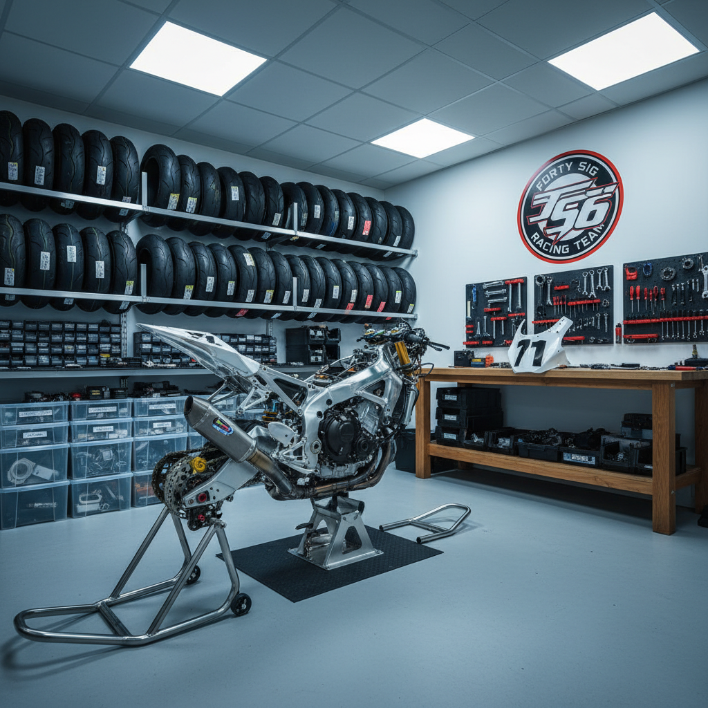 An organized racing workshop dedicated to the Forty Six Racing Team, centered on a stripped-down superbike chassis with the number 71 front fairing resting on a nearby workbench. The exposed frame, engine, and suspension components reveal fine details of polished metal, braided brake lines, and carbon fiber parts. The workshop is immaculately clean, with neatly arranged tools on shadow boards, shelves of racing tires, and labeled crates of spare parts lining the walls. Bright, cool-toned LED ceiling lights provide even illumination, creating crisp reflections on metallic surfaces and subtle shadows under the bike. Photographic realism with an eye-level, wide-angle composition and deep focus throughout gives a bold, technical, and professional mood, emphasizing meticulous preparation and engineering excellence.