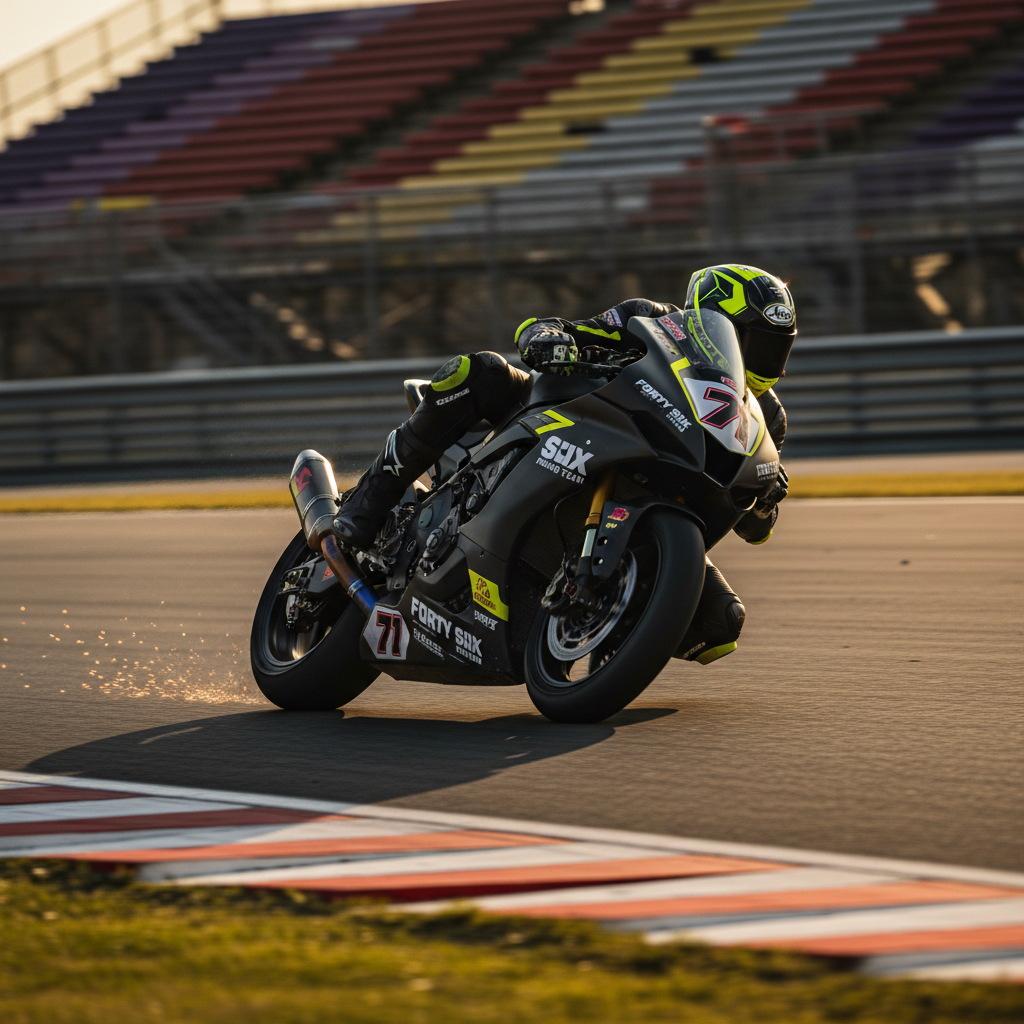 A dynamic trackside scene featuring a single motorcycle leaning aggressively into a fast right-hand corner, its matte black and vivid yellow Forty Six Racing Team colors and number 71 streaking across the asphalt. The camera is placed very low, almost at ground level, emphasizing the extreme lean angle and the texture of the racing line, with small rubber marbles scattered near the curbs. Golden hour sunlight rakes across the track, creating long shadows and a warm glow on the bike’s bodywork and metal components. The background grandstands and safety fencing are motion-blurred, enhancing the sense of speed. Photographic realism with a wide cinematic aspect ratio and strong diagonal composition evokes a bold, adrenaline-charged racing atmosphere.