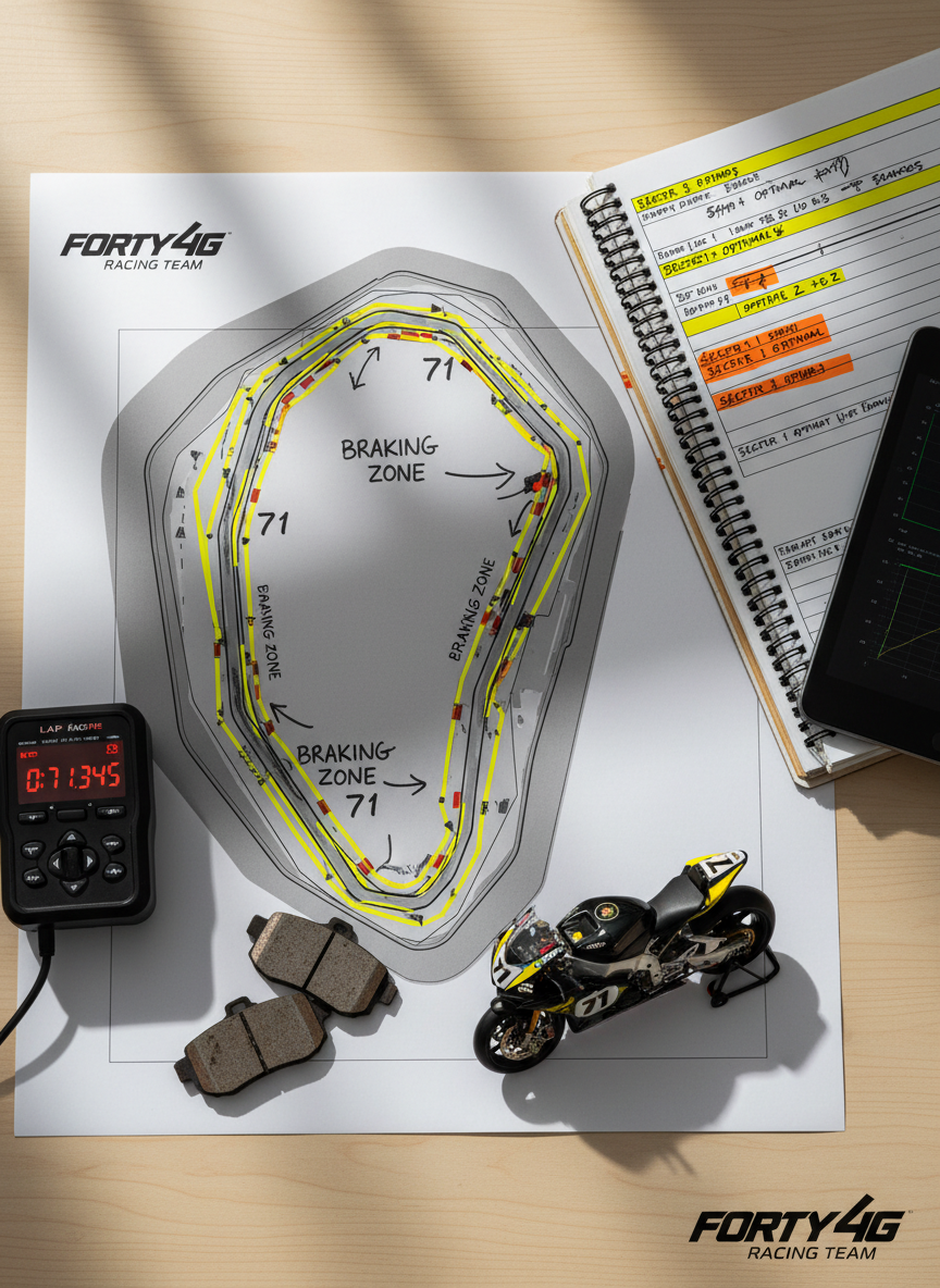 An overhead photographic view of a race engineer’s planning desk for the Forty Six Racing Team, featuring a large printed circuit map of a famous racetrack, annotated in bold yellow marker with racing lines and braking points labeled for bike number 71. Surrounding the map are a digital lap timer device, a stack of data logs with highlighted sectors, a pair of performance brake pads, and a small model of the team’s black and yellow superbike. Soft, diffused daylight from a nearby window bathes the desk, producing gentle shadows and a calm but focused atmosphere. Photographic realism with a clean, organized composition and subtle depth of field conveys strategic thinking, precision planning, and the bold ambition behind competitive motorcycle racing.
